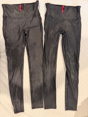 SPANX Black Faux Leather Leggings with Red Branding Tab